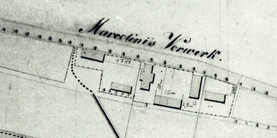 Plan »Marcolinis Vorwerk an der Schillerstraße« 1823 (Sächs. HStA, Schrank XI, Fach VI, Nr. 17)